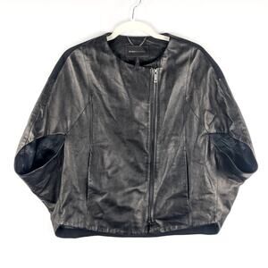 BCBGMAXAZRIA S Black 100% Leather Jacket Cropped Zip Front Modern Minimalist